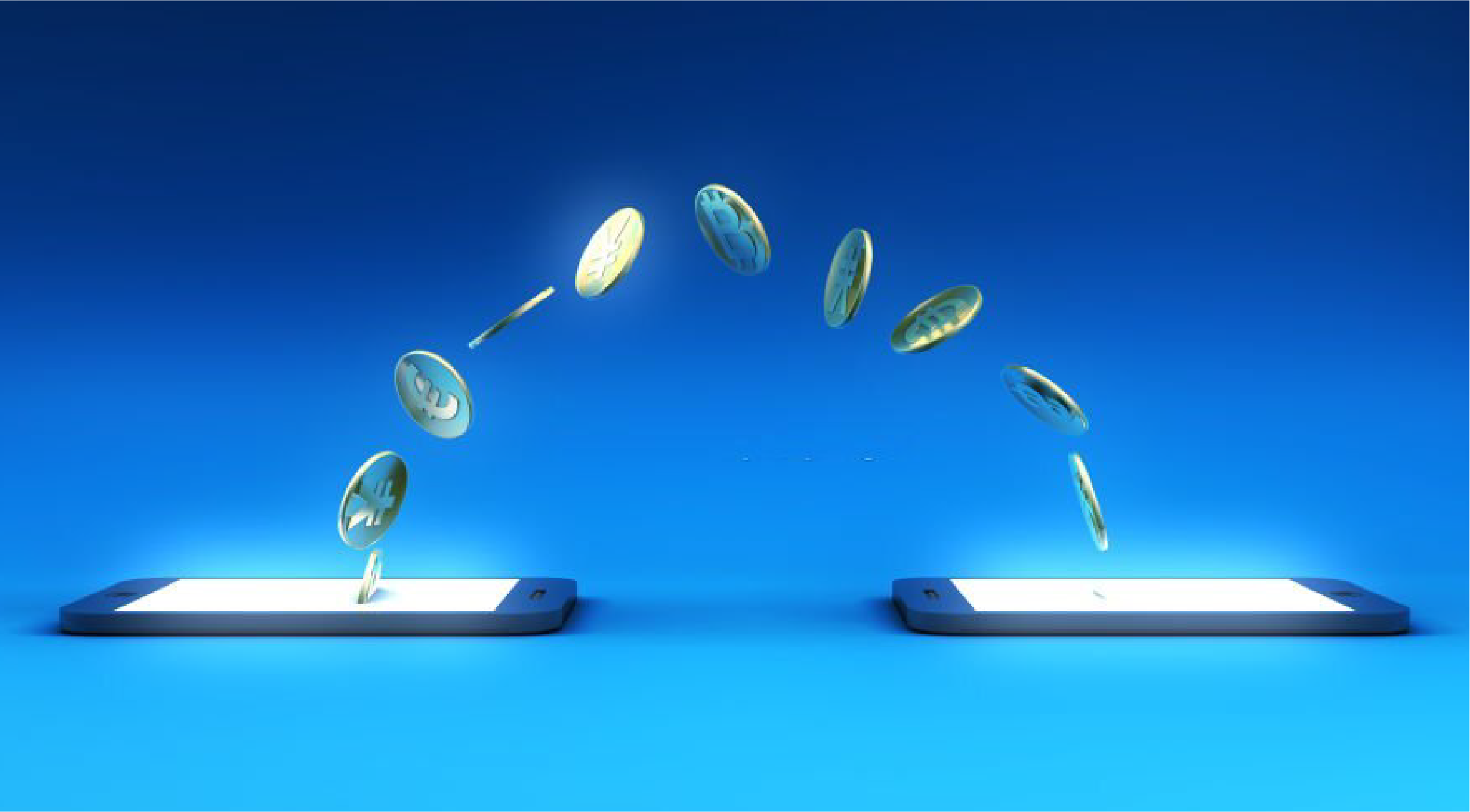 Coins arcing between two smartphones on a blue background